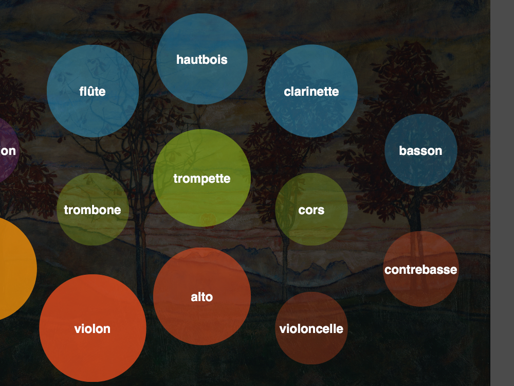 L'image présente un fond artistique avec des arbres stylisés et un ciel coloré. Au centre, plusieurs cercles de différentes tailles et couleurs sont disposés, chacun représentant un instrument de musique. Parmi eux, on trouve des instruments à vent comme la flûte, le hautbois, la clarinette, et des instruments à cordes tels que le violon, l'alto, et la contrebasse. Il y a aussi des cercles pour les trompettes, trombones, cors, percussions et la harpe. Sur la droite, il y a des options pour un mode solo et un bouton de pause.