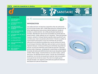 L'image semble présenter une page d'un document, probablement un brochure ou un catalogue, consacrée à des équipements sanitaires et de plomberie. Il y a des sections illustrées ou titrées telles que "Introduction", "Les appareils sanitaires", "Les baignoires et balnéo", ainsi que des informations sur des accessoires de salle de bain. Le design inclut peut-être des images ou des graphiques pour présenter ces éléments de manière attrayante. Des couleurs peuvent être utilisées pour distinguer les différentes parties du texte et des sections.