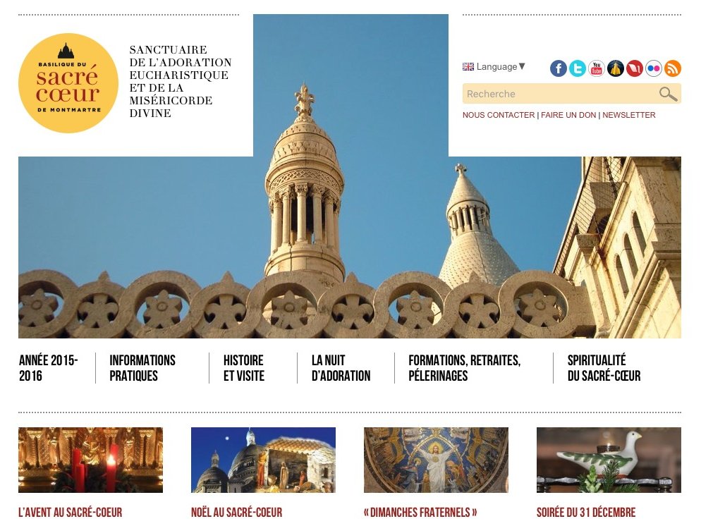L'image représente un site web consacré au Sanctuaire du Sacré-Cœur de Montmartre. En haut, on peut voir une belle image des coupoles caractéristiques de la basilique, probablement sous un ciel bleu. Le design du site est clair et convivial, avec des sections pour la navigation, comprenant des informations sur l'adoration eucharistique, l'histoire et les visites. Il y a également des mentions d'événements et de retraites, ainsi qu'une option pour changer la langue du site et accéder à des informations supplémentaires.