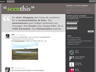 L'image semble être une capture d'écran d'un site web nommé "seenthis". Le site présente une interface de blog, avec des sections pour des articles ou des messages récents. On peut y voir un texte en français qui parle de "short-blogging" et de l'utilisation d'automatisations pour rédiger des messages. Il y a également des commentaires d'utilisateurs, ainsi qu'un aperçu d'une photo en arrière-plan. Le design du site est sobre, avec une palette de couleurs neutres.