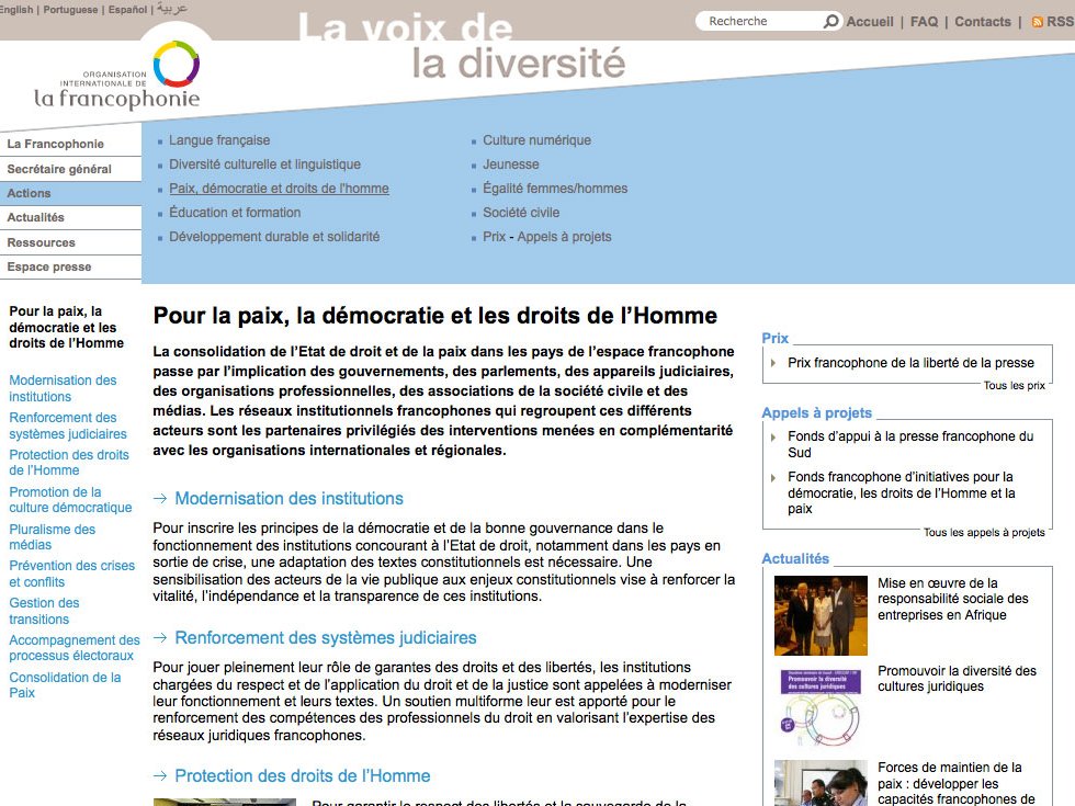 L'image semble représenter un site web dédié à la Francophonie, mettant en avant des thèmes tels que la paix, la démocratie et les droits de l'Homme. On y trouve des sections sur la langue française, la culture, les institutions et divers espaces de discussion. Le design est probablement structuré avec des titres, des liens et des informations visant à promouvoir la compréhension et le respect des valeurs universelles au sein de la communauté francophone.