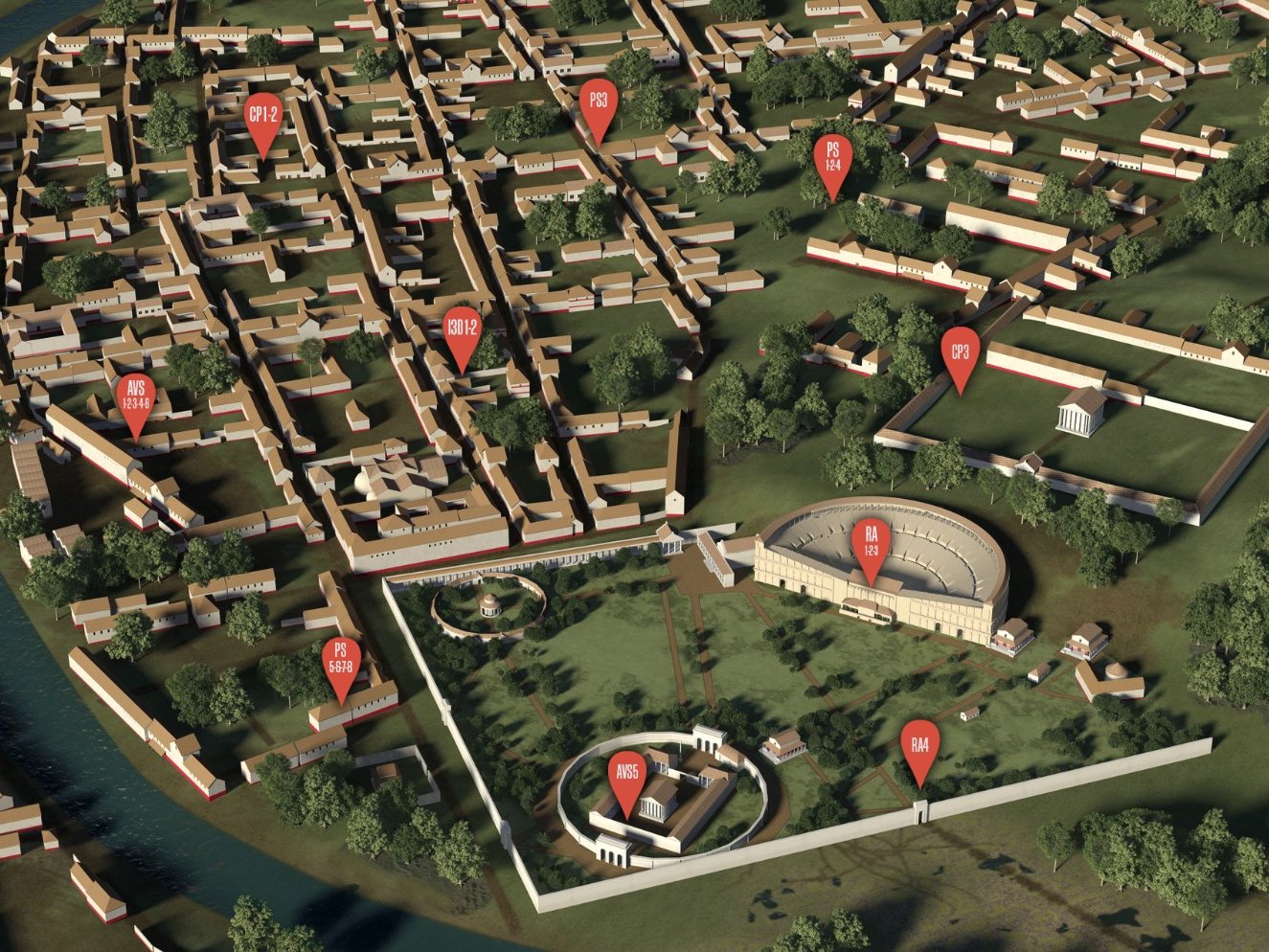 L'image montre une vue aérienne d'une ville ou d'un site architectural, représentant une maquette détaillée. On peut voir des bâtiments disposés de manière organisée, certains marqués par des indicateurs rouge avec des chiffres, probablement pour identifier différents lieux ou points d'intérêt. Il y a une zone verte avec des structures spécifiques qui ressemble à un amphithéâtre ou un espace public, entouré par une bordure. Un cours d'eau serpente à proximité, ajoutant à la dimension naturelle du paysage. Les éléments de navigation sur le côté droit suggèrent qu'il s'agit d'une application ou d'un programme de visite virtuelle.