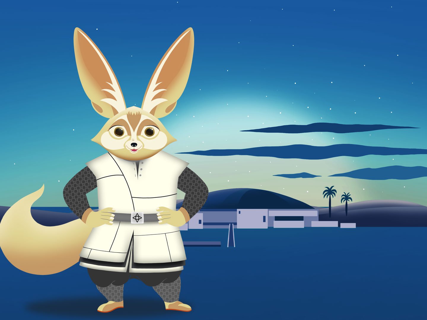 L'image présente un personnage animé au style cartoon. Ce personnage a de grandes oreilles de type renard et un pelage clair, avec un corps anthropomorphe vêtu d'un manteau blanc. En arrière-plan, on peut voir un paysage nocturne avec un ciel bleu parsemé d'étoiles, des collines douces, et une construction blanche, probablement une maison, ainsi que quelques palmiers. L'atmosphère générale semble à la fois paisible et enchanteresse.