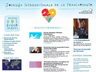 L'image semble être un flyer ou une affiche pour la Journée internationale de la Francophonie. Elle présente un titre coloré "Journée internationale de la Francophonie" avec des éléments visuels représentant l'événement. On y trouve des informations pour inscrire des événements, ainsi qu'une sélection d'activités, comme des courts-métrages d'Afrique francophone, une rencontre avec un auteur, et des initiatives de développement durable. Le tout est accompagné de couleurs vives et d'un design attrayant, reflétant l'esprit festif et culturel de cette journée.