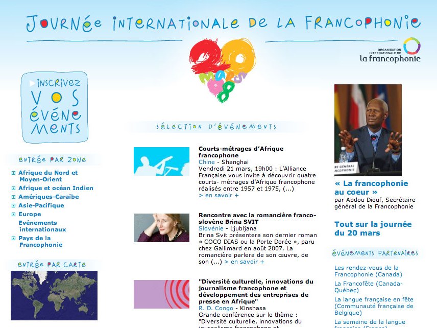 L'image semble être un flyer ou une affiche pour la Journée internationale de la Francophonie. Elle présente un titre coloré "Journée internationale de la Francophonie" avec des éléments visuels représentant l'événement. On y trouve des informations pour inscrire des événements, ainsi qu'une sélection d'activités, comme des courts-métrages d'Afrique francophone, une rencontre avec un auteur, et des initiatives de développement durable. Le tout est accompagné de couleurs vives et d'un design attrayant, reflétant l'esprit festif et culturel de cette journée.