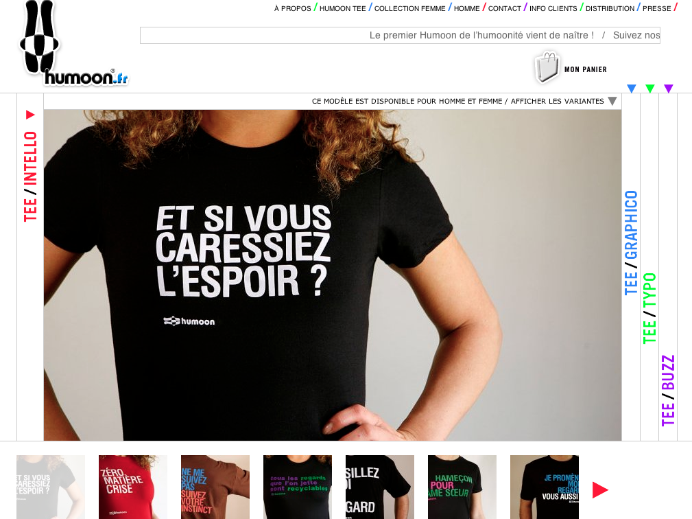 L'image présente une page web d'un site de vêtements, spécifiquement pour des t-shirts. Au centre, une personne porte un t-shirt noir sur lequel est écrit en blanc : "ET SI VOUS CARESSIEZ L'ESPOIR ?". En dessous de la personne, plusieurs modèles de t-shirts sont visibles, affichant divers designs et slogans. La mise en page est colorée et attrayante, avec des options de navigation en haut et une barre de menu sur le côté.