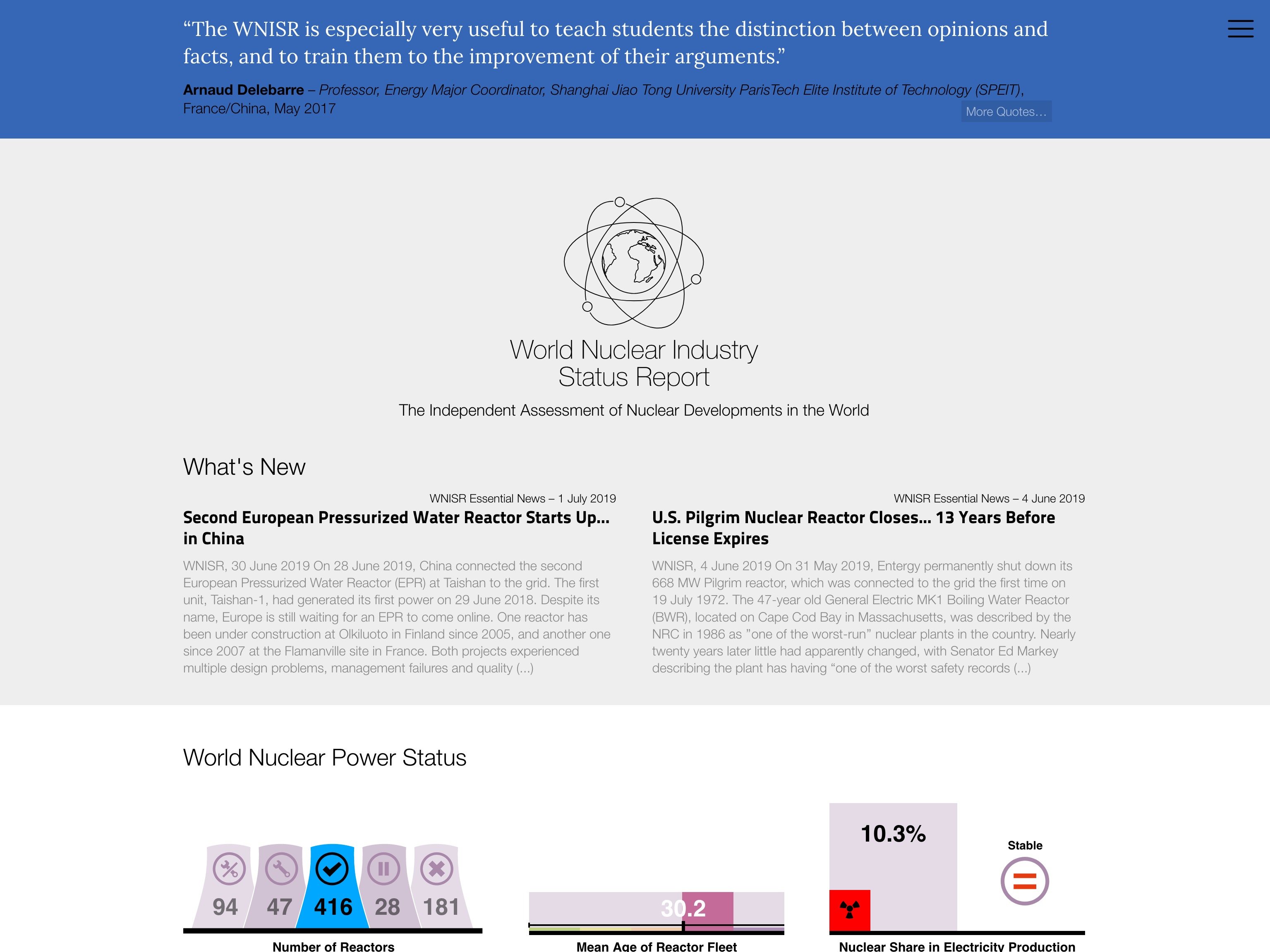L'image semble être une capture d'écran d'un rapport sur l'industrie nucléaire mondiale. En haut, il y a un titre avec le nom de la publication, suivi de déclarations provenant de divers experts sur l'importance de comprendre les distinctions dans les opinions et leurs implications. Ensuite, il y a des sections concernant l'état de l'industrie nucléaire dans le monde, avec des références à différents pays et leurs installations nucléaires. On peut remarquer des chiffres indiquant le nombre de réacteurs, leur statut et peut-être des informations sur leur utilisation. À la fin, il pourrait y avoir un graphique ou une carte qui illustre la répartition mondiale de l'énergie nucléaire. L'ensemble de la présentation semble bien structuré et informatif, destiné à offrir un aperçu des développements récents dans le domaine.