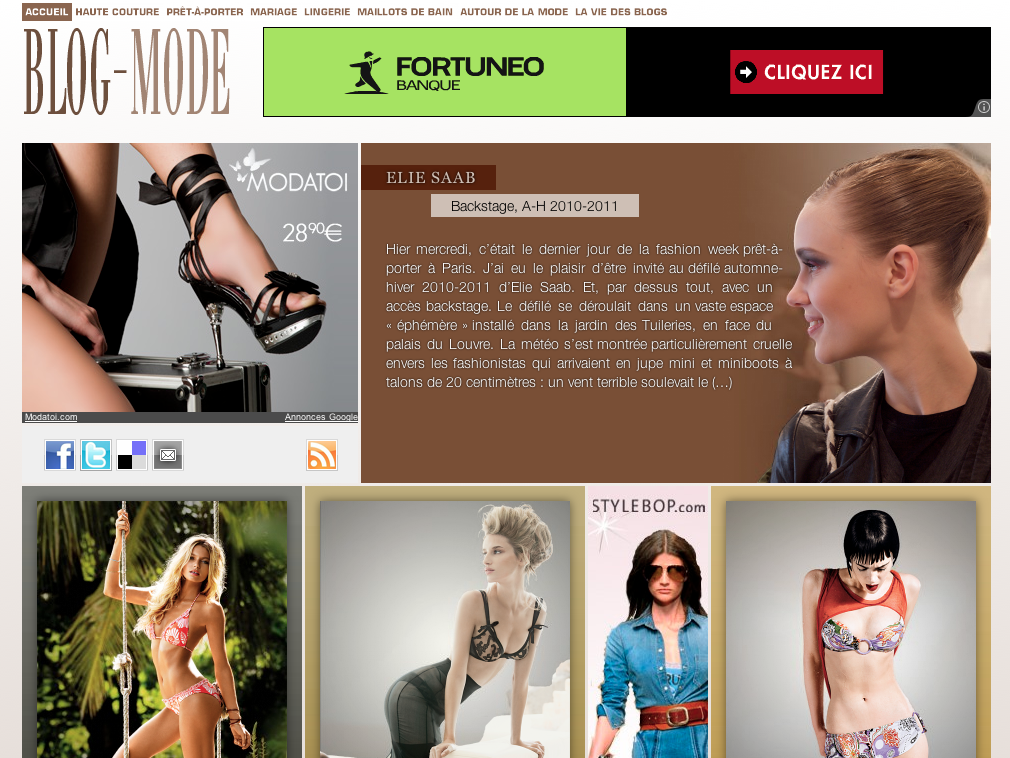 L'image représente une interface de site web dédiée à la mode, avec un design élégant et moderne. Il y a une bannière en haut avec des logos de marques. Au centre, plusieurs articles sont mis en avant, incluant des créations de mode avec des photos de mannequins. On trouve des descriptions et des prix pour différents vêtements, ainsi qu'un lien pour explorer davantage de contenu. L'ensemble est lumineux et attire l'attention sur les tendances de la mode.