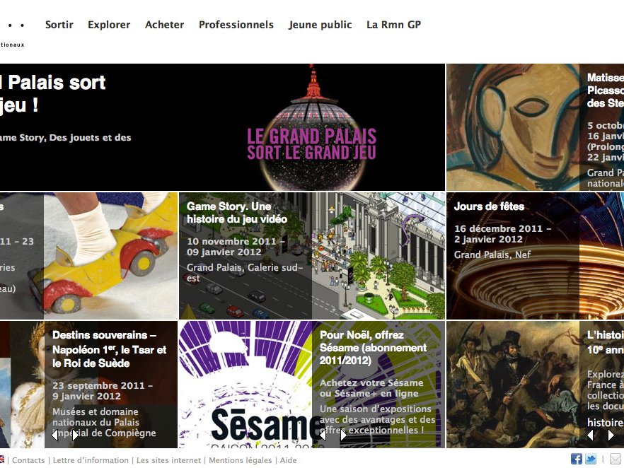 L'image présente une mise en page d'un site d'exposition au Grand Palais. Elle met en avant divers événements et expositions, avec un en-tête indiquant "Le Grand Palais sort le grand jeu !". On peut voir des images vignettes illustrant différentes activités, telles que des spectacles, des jeux et des expositions artistiques, avec des dates et des titres tels que "Des jouets et des hommes", "Game Story", et "L'histoire par l'image". La conception semble colorée et attrayante, invitant les visiteurs à explorer ces événements culturels.