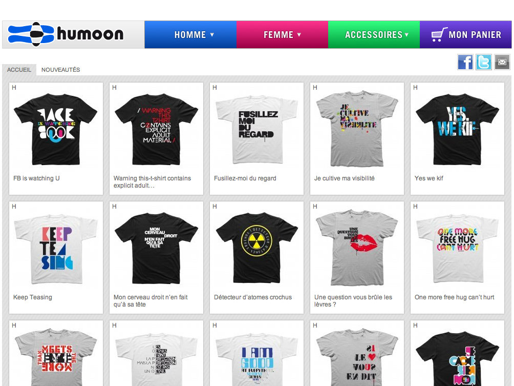 L'image présente une grille de t-shirts avec divers designs et slogans. Chaque t-shirt affiche des phrases audacieuses et des jeux de mots, jouant sur des thèmes humoristiques ou provocateurs. Les couleurs et les styles varient, créant un aspect dynamique et attrayant. La mise en page est organisée, permettant de visualiser facilement les différentes options. On peut également voir des sections pour la navigation et le panier d'achats en haut de la page.