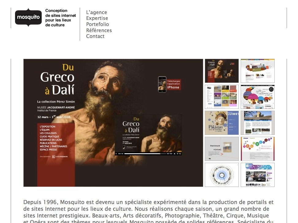 L'image présente un design de site internet pour Mosquito, une agence spécialisée dans la création de sites pour le secteur culturel. On peut y apercevoir un visuel avec une œuvre d'art célèbre, ainsi que des sections dédiées à l'expertise, au portfolio et aux références de l'agence. Le texte explique que Mosquito, fondé en 1996, s'est spécialisé dans la production de portails et de sites web pour des institutions culturelles. Le tout est présenté de manière attrayante et professionnelle, mettant en avant leur savoir-faire dans le domaine.
