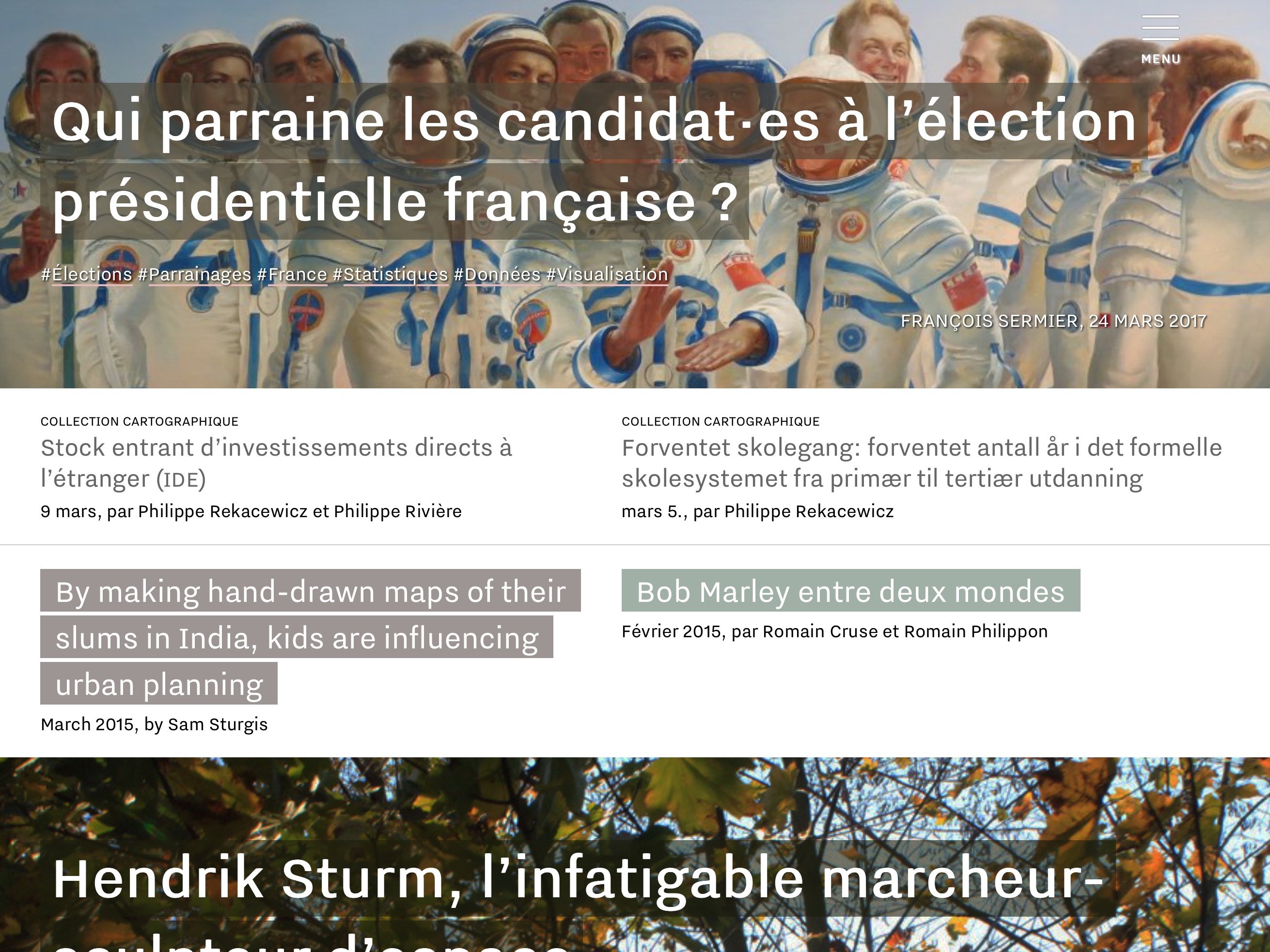L'image semble contenir une mise en page de site web ou d'article. On y trouve des titres concernant des sujets variés, tels que le parrainage des candidats à l'élection présidentielle française, des articles sur des investissements à l'étranger, une référence à Bob Marley, et un autre sur un marcheur culturel. Les textes sont accompagnés de dates et des noms d'auteurs, indiquant un contexte informatif et analytique.