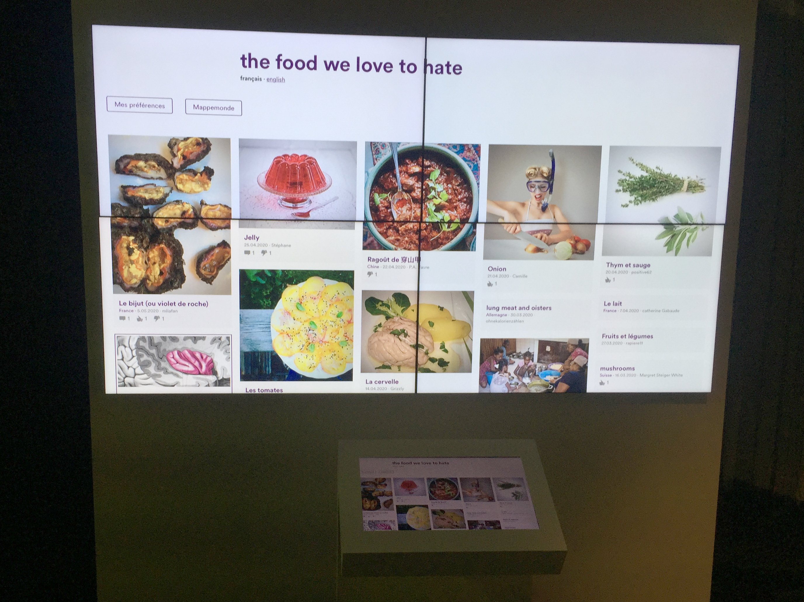 L'image montre un affichage numérique composé de plusieurs écrans côte à côte, présentant un collage de diverses images de plats alimentaires. Il y a des titres en anglais, notamment "the food we love to hate", suggérant un thème lié à la nourriture qui suscite des avis partagés. En bas, un écran ou une tablette affiche probablement des images supplémentaires ou des détails sur les plats présentés. L'ensemble donne une impression moderne et interactive, invitant à explorer les différents mets.