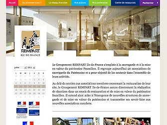 L'image présente une page web du Groupement REMPART Île-de-France, dédié à la sauvegarde du patrimoine. La mise en page inclut un calendrier, des liens vers différentes sections comme "Qui sommes-nous ?", "Le réseau français", et "Nos partenaires". On y trouve également des informations sur la mission du groupement, qui consiste à soutenir les associations de sauvegarde du patrimoine et à promouvoir la restauration de monuments historiques. Le design est coloré et engageant, avec une interface conviviale.
