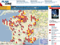 L'image montre une carte de la France avec divers marqueurs en forme de flèches ou de fanions jaunes et rouges. Chaque marqueur indique un cinéma ou une salle de projection. Sur la droite, on peut apercevoir une petite section dédiée à un film, probablement "Avatar 3D", avec des informations sur les horaires et les lieux qui le diffusent. En bas, il y a des options de navigation pour choisir un film, sélectionner une région et afficher les programmes des cinémas. La carte inclut également plusieurs icônes qui représentent différents types de films, tels que des documentaires, des comédies, des dramas, etc.