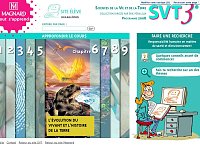 L'image semble être une interface d'un site éducatif lié aux sciences de la vie et de la Terre. On y voit un design coloré avec des sections numérotées, indiquant différents chapitres ou unités d'apprentissage. Le chapitre en question aborde "L'évolution du vivant et l'histoire de la Terre". À gauche, il y a probablement une illustration d'un paysage naturel avec des éléments de faune et de flore. On aperçoit également un personnage, qui pourrait être un enseignant, interagissant avec le contenu du site. Le tout est structuré de manière à encourager les utilisateurs à explorer et à approfondir leurs connaissances.