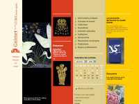 L'image semble représenter la page d'accueil d'un site web pour le musée Guimet, dédié aux arts asiatiques. On y voit des éléments graphiques colorés, avec une mise en page structurée. À gauche, il y a une illustration artistique, probablement d'inspiration asiatique, montrant des oiseaux. À droite, on trouve des sections pour des informations pratiques, des expositions, un calendrier d'activités, ainsi qu'une zone de recherche. En bas, il y a des mentions concernant la localisation du musée à Paris. L'ensemble reflète une ambiance culturelle et informative.