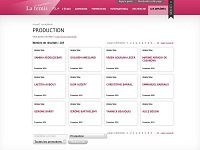 L'image présente une interface d'un site web, probablement celle de "La femis". On voit une section intitulée "PRODUCTION" avec un tableau contenant des résultats. Chaque case du tableau affiche un nom, probablement des personnes associées à la production, ainsi que l'année correspondante. Les noms sont disposés en plusieurs colonnes et lignes. En haut de la page, on trouve des options de navigation telles que "Accueil", "Les diplômes", "FAQ", et d'autres liens. La mise en page utilise des couleurs douces et un design minimaliste.