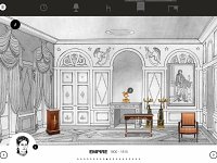 L'image montre une pièce au style Empire, typique du début du 19e siècle. Les murs sont ornés de motifs élégants et de fresques, avec des draperies qui ajoutent une touche de sophistication. Au centre, on peut voir une table accompagnée de chaises, et un grand vase sur chaque côté. Il y a également une cheminée décorée et un tableau accroché, représentant probablement une figure importante de l'époque. L'ensemble de la pièce dégage une atmosphère de luxe et de classicisme.