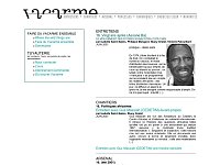 L'image semble représenter un site web ou une page d'un document en ligne. On y trouve des titres comme "Entretiens", "Chantiers", "Arsenal", et des sections sur des sujets variés, tel que "Politiques africaines". Il y a aussi des mentions de personnes, comme Azzane Ba et Gus Massiah, avec des dates indiquant des entretiens de 2001. Le design est probablement sobre et organisé, avec un accent sur le contenu textuel.