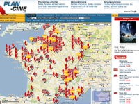 L'image montre une carte de la France avec divers marqueurs en forme de flèches ou de fanions jaunes et rouges. Chaque marqueur indique un cinéma ou une salle de projection. Sur la droite, on peut apercevoir une petite section dédiée à un film, probablement "Avatar 3D", avec des informations sur les horaires et les lieux qui le diffusent. En bas, il y a des options de navigation pour choisir un film, sélectionner une région et afficher les programmes des cinémas. La carte inclut également plusieurs icônes qui représentent différents types de films, tels que des documentaires, des comédies, des dramas, etc.