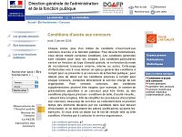 L'image montre un extrait d'une page web de la Direction générale de l'administration et de la fonction publique (DGAFP). En haut, on trouve le logo et le titre, ainsi qu'une date indiquant "jeudi 5 janvier 2006". Le contenu aborde les conditions d'accès aux concours pour la fonction publique. Il commence par mentionner qu'un grand nombre de candidats s'inscrivent chaque année et fournit des informations générales sur les processus et les exigences liés à ces concours. Il semble aussi y avoir des liens pour accéder à d'autres sections de la page.