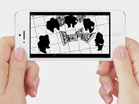 L'image montre une personne tenant un smartphone avec un écran qui affiche une représentation graphique. Sur l'écran, on voit des silhouettes de personnes en noir sur un fond blanc, entourant plusieurs cadres ou écrans rectangulaires. L'ensemble donne une impression de surveillance ou d'observation, avec un certain contraste entre les personnages et le décor minimaliste. Les mains qui tiennent le smartphone sont bien soignées, avec des ongles longs et vernis.