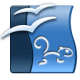 L'image représente un logo stylisé avec une silhouette de rivière ou de flots en bleu, accompagnée de deux oiseaux en vol et d'un petit animal ressemblant à un écureuil au fond, également dans des tons bleus. La composition évoque une atmosphère naturelle et calme.