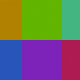 L'image se compose de quatre carreaux de couleurs différentes disposés en deux rangées. Dans la rangée du haut, il y a un carré orange à gauche et un carré vert à droite. Dans la rangée du bas, on trouve un carré bleu à gauche et un carré violet à droite. Les couleurs sont vives et contrastées, créant une composition colorée et dynamique.