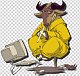 L'image représente un personnage anthropomorphe en forme de chèvre, portant un grand sweat à capuche jaune. Le personnage semble être assis devant un vieil ordinateur, en train de jouer d'un instrument de musique ressemblant à une flûte. Son attitude décontractée et son expression faciale souriante donnent une impression de calme et de concentration. Les cornes de la chèvre ajoutent une touche comique à l'ensemble.