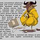 L'image montre un personnage de chèvre assis, portant un habit jaune. Il semble concentré, tenant un stylo et regardant une boîte à côté de lui. Le fond est rempli de texte en latin. L'ensemble donne une impression de calme et de créativité.